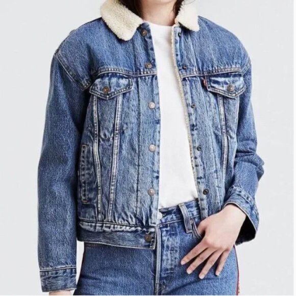 Levi's Sherpa Denim Trucker Jacket Premium Levi's Snap Buttons Size Small - Picture 4 of 16